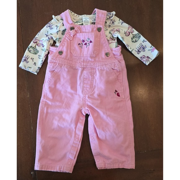 Carhartt Bib Overalls Girls 9m Pink flowers 100% cotton 2 Piece Set Western #433 - Picture 1 of 12